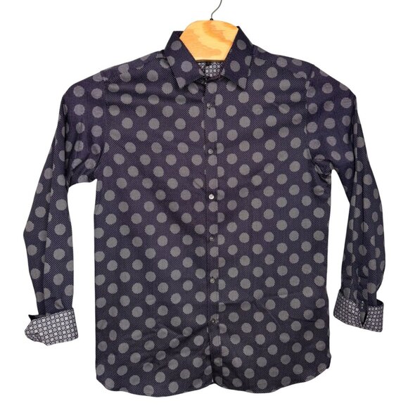 Ted Baker London Navy Large Spot Print Shirt SZ 4/L Long Sleeve Button-Up Flip C - Picture 1 of 10
